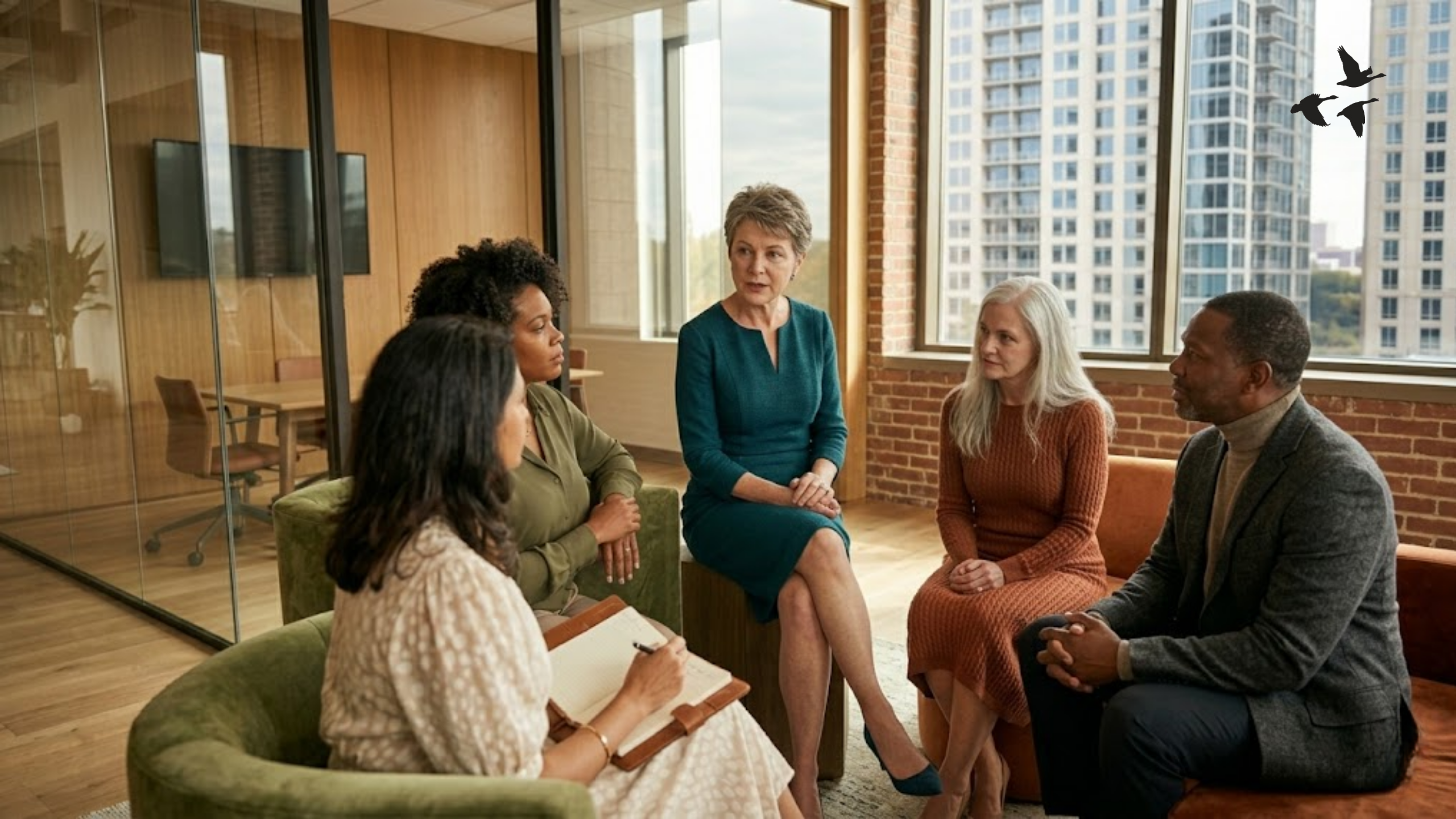 Diverse group of professionals in a modern office engaged in a thoughtful discussion about leadership trust breakdown and integrity repair, illustrating open communication, accountability, and rebuilding trust within a team environment.