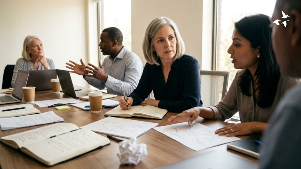 Diverse leadership team in a collaborative meeting discussing strategy and communication, reflecting the principle of what you practice through active listening, accountability, and intentional leadership behaviors in the workplace.