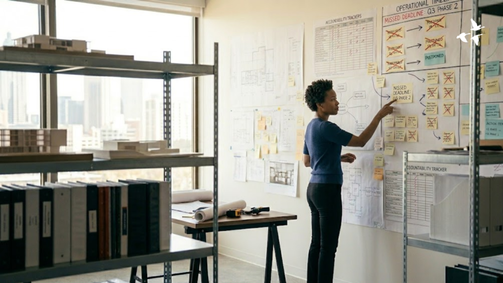 Business leader reviewing project timelines, missed deadlines, and operational planning charts on a strategy wall, demonstrating leadership accountability through team oversight, decision-making, and performance management in a professional workplace setting.