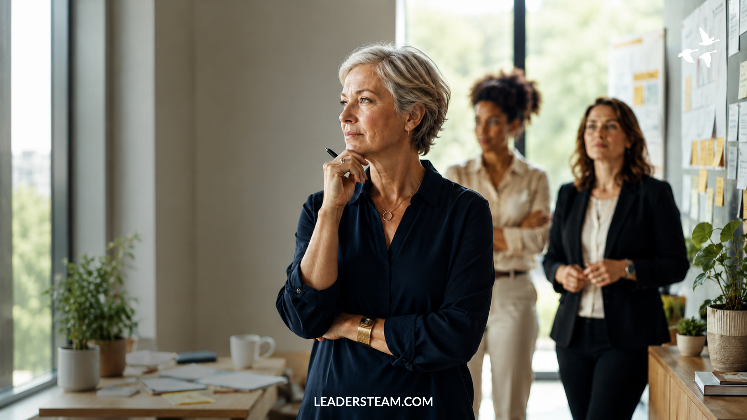 A mature female executive looks thoughtfully out a bright office window with her hand to her chin, while two colleagues stand attentively behind her, demonstrating the focus needed to address and identify integrity gaps in leadership.
