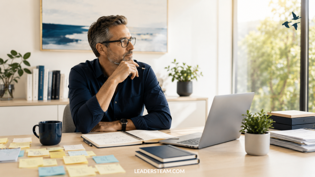 A thoughtful middle-aged businessman with glasses sits at a bright desk looking out the window, holding a pen to his chin in deep focus while working on a laptop surrounded by sticky notes, illustrating why your brain won't shut up when trying to process complex tasks or ideas.