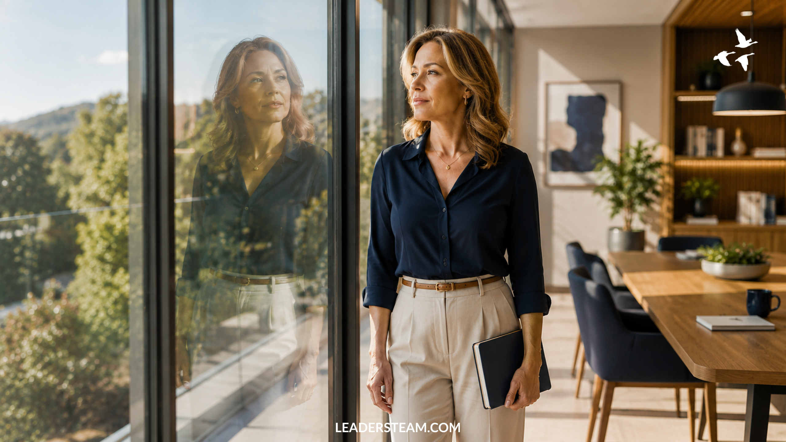Experienced woman executive standing beside a glass wall, thoughtfully viewing her reflection in a bright modern workspace, representing perspective, interpretation, and thoughtful leadership decision-making.