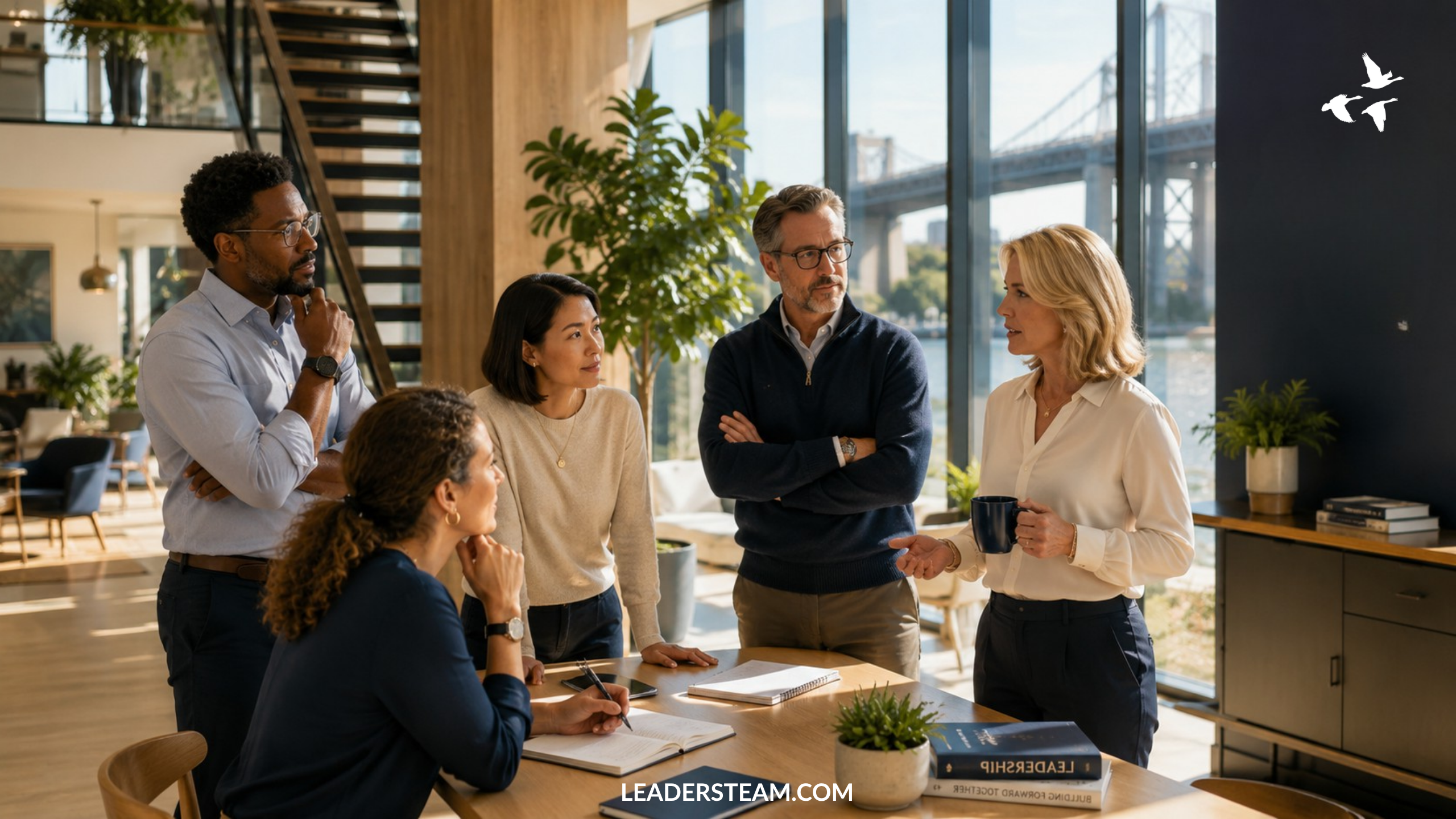 Multicultural group of experienced business leaders in a bright modern workspace discussing leadership strategy, representing integrity as the foundation for alignment, accountability, and organizational performance.