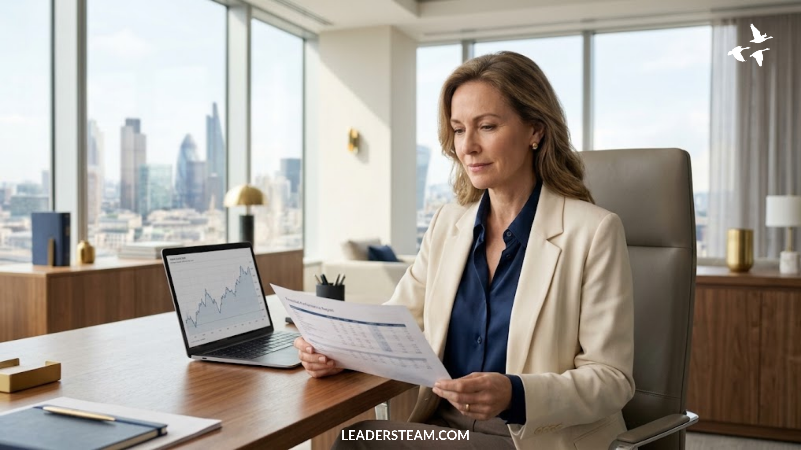 Female executive reviewing financial reports and stock market trends in a modern office, illustrating the leadership lesson behind “pigs get slaughtered.”